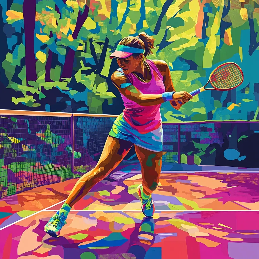 A vibrant, stylized illustration depicts a female tennis player in action.  She's captured mid-swing, her body dynamic, against a backdrop of a colorful, impressionistic tennis court and lush green trees.  Bold colors and sharp lines create a powerful image, emphasizing the energy and athleticism of the sport. The artist uses a bold color palette of pinks, purples, greens, and yellows.