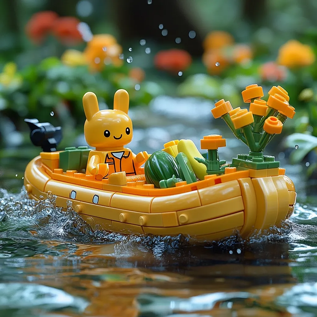 A cheerful yellow bunny Lego figure pilots a bright yellow inflatable boat laden with produce and flowers.  The boat glides through a stream, creating small splashes.  The scene is set amidst a lush, blurred background of green foliage and orange blossoms, suggesting a tranquil, idyllic setting. The overall tone is playful and whimsical.
