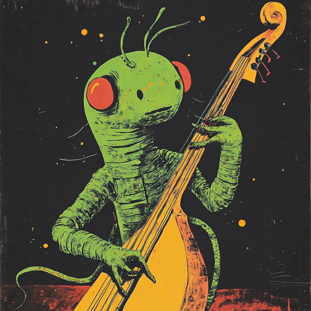A vibrant illustration depicts a whimsical, green, insect-like creature playing a large, yellow string bass against a dark, starry backdrop.  The creature's textured skin and large, red eyes add to its otherworldly charm. The artwork's bold colors and expressive style create a captivating, surreal scene. The contrast between the creature and the instrument is striking, suggesting a unique musical performance.