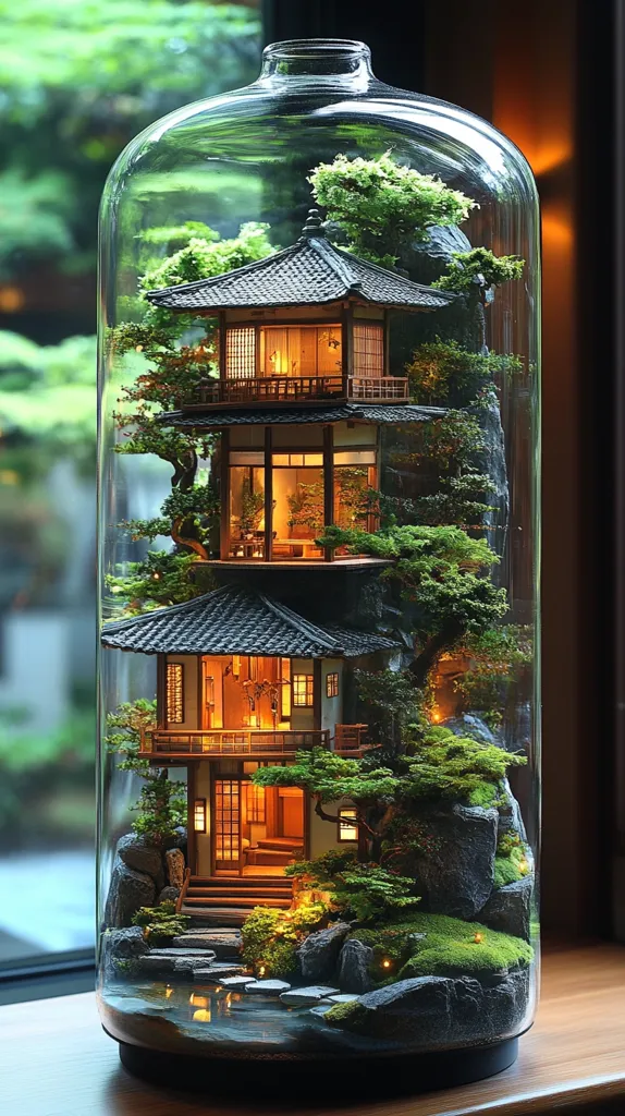 A miniature Japanese-style house, illuminated from within, sits nestled amongst lush greenery and rocks inside a large glass dome.  The three-story structure features intricate details and warm lighting, creating a serene and enchanting scene.  Moss covers the rocks and smaller plants surround the house, mimicking a tranquil garden environment within the enclosed glass terrarium.