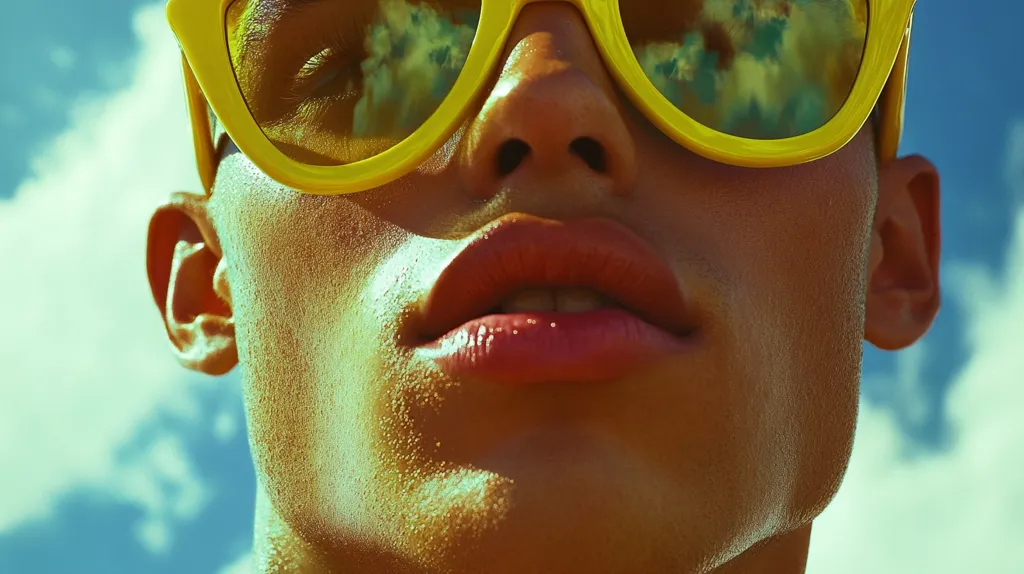 Close-up of a person's face, partially obscured by bright yellow sunglasses reflecting a cloudy sky.  The sun-kissed skin is visible, showcasing a full mouth and a hint of a jawline. The image has a vibrant, summery feel.