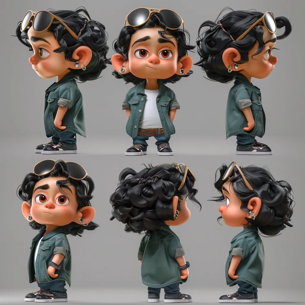 A 3D rendered model of a stylized young boy is shown from six different angles.  He has dark curly hair, wears sunglasses, a teal jacket, jeans, and sneakers.  His expression is subtly melancholic. The model showcases high-quality rendering and detailed texturing, creating a charming and expressive character.