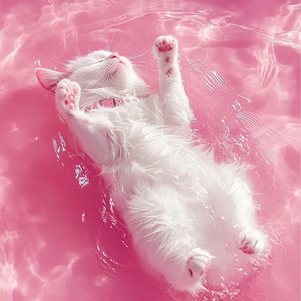 A white kitten floats serenely in bright pink water, its paws elegantly extended.  The kitten appears relaxed and peaceful, eyes closed, wearing a light pink collar. The pink water is slightly rippled, creating a gentle, dreamy atmosphere. The overall image is visually striking and whimsical.
