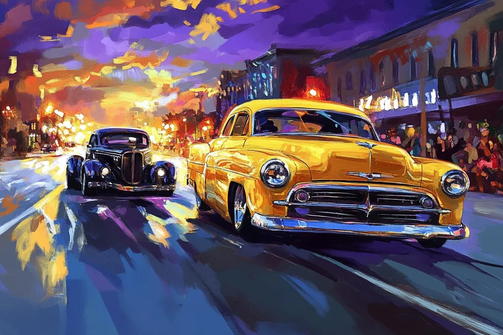 A vibrant painting depicts two classic cars cruising down a city street at twilight.  A bright yellow car leads, followed by a dark-colored vehicle. The background showcases a lively street scene with onlookers and illuminated buildings, creating a dynamic and energetic atmosphere.  The artist uses bold brushstrokes and a striking color palette, emphasizing movement and the nostalgic charm of the era.