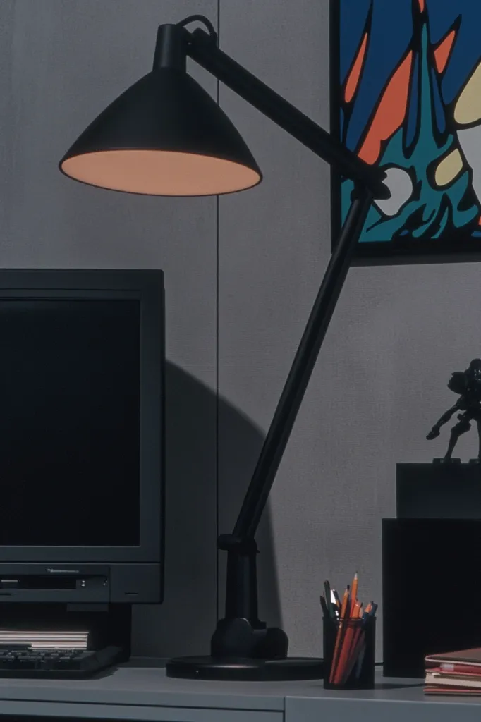 A black adjustable desk lamp with a conical shade illuminates a workspace.  A computer monitor and keyboard sit beside it, along with a cup of colored pencils.  A piece of abstract art hangs on the wall, and a small figurine rests on a stack of books in the background. The overall aesthetic is minimalist and dark.