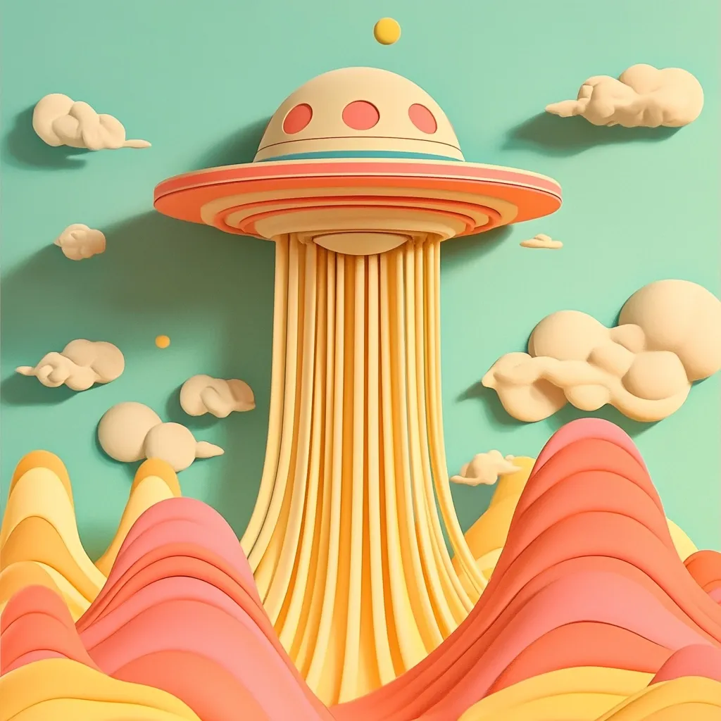 A whimsical 3D rendering depicts a cartoonish UFO hovering over a landscape of pastel-colored, undulating hills.  The spaceship's underside is connected to the ground by numerous, thin, noodle-like strands.  The sky is a soft teal, dotted with fluffy, cream-colored clouds. The overall aesthetic is playful and dreamlike.