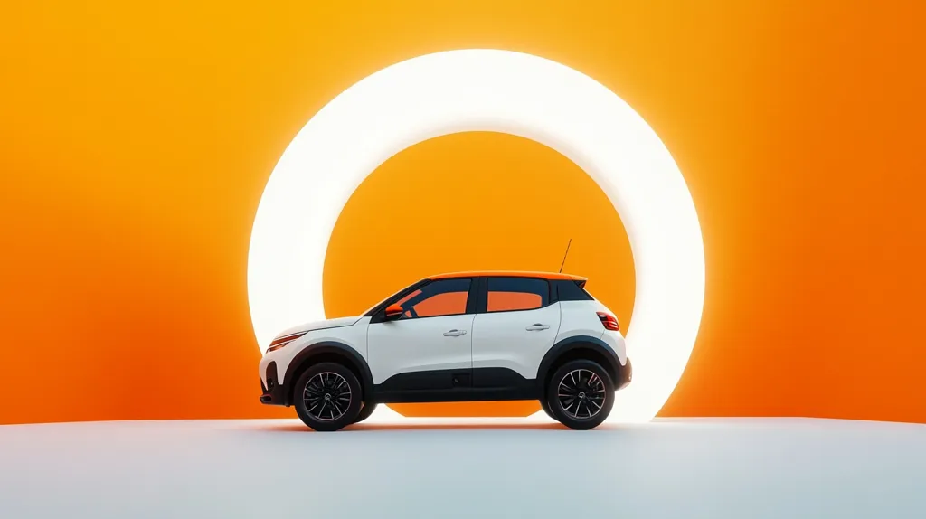 A white and orange compact SUV is showcased against a vibrant orange backdrop.  A large, illuminated white circle frames the vehicle, creating a modern and minimalist aesthetic. The car is presented in profile view, highlighting its design and color scheme. The scene suggests a product advertisement or promotional image.