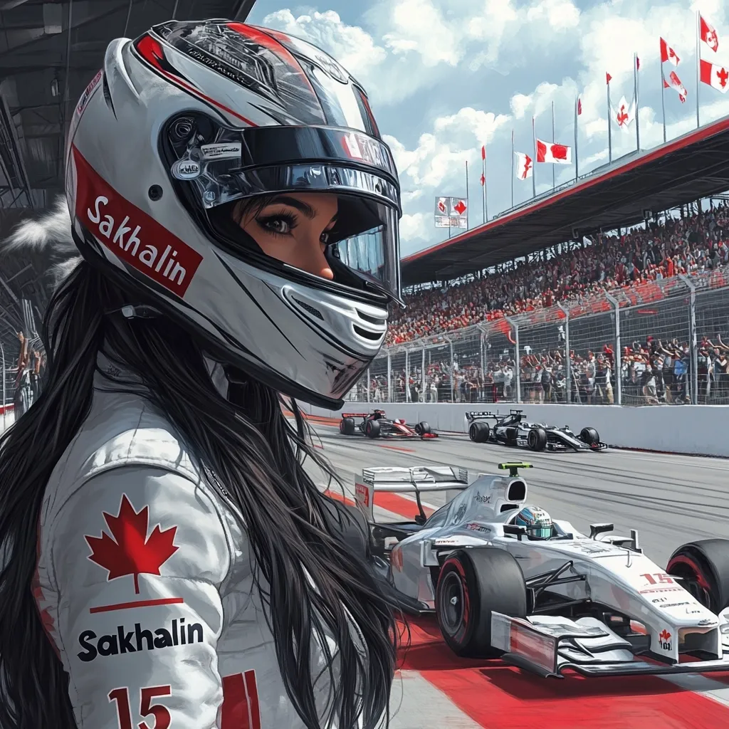 A female race car driver, with long black hair, is seen wearing a white racing suit and helmet emblazoned with the word "Sakhalin" and a Canadian maple leaf.  She stands trackside, her gaze directed towards a Formula 1 race in progress. The background shows a vibrant crowd cheering amidst the action of several speeding race cars.  The overall scene is dynamic and visually striking.