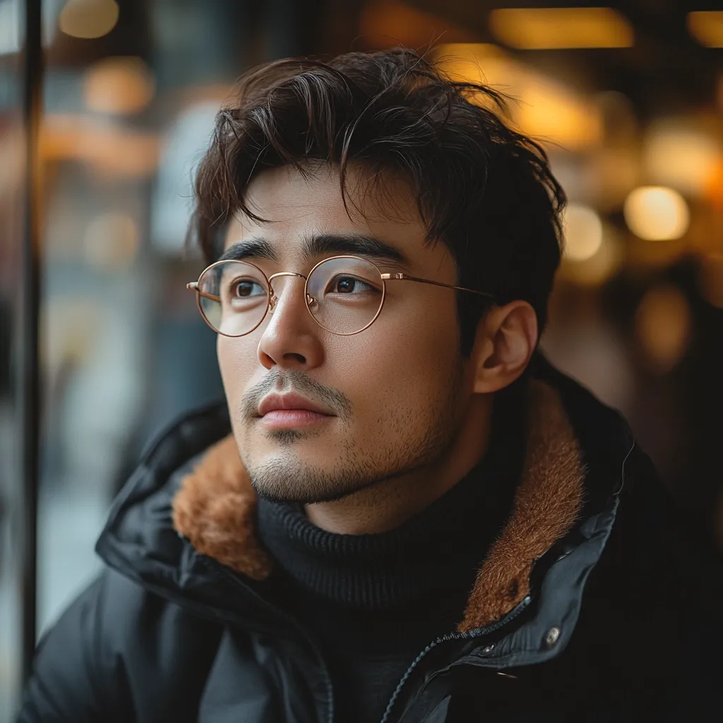 A young man with dark hair and a well-groomed beard gazes pensively out a window.  He wears round, gold-rimmed glasses and a black turtleneck sweater under a dark puffy jacket with a brown fur trim. The background is blurred, suggesting an urban setting at night. His expression is thoughtful and serene.