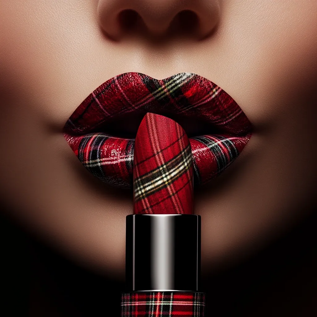 A close-up shot showcases a woman's lips artfully designed with a red and black plaid pattern.  The lips are full and glossy, mirroring the same plaid pattern on a lipstick tube held gently between them. The image is dark and dramatic, highlighting the intricate detail of the design and the rich color.  The overall effect is one of sophisticated, stylized beauty.