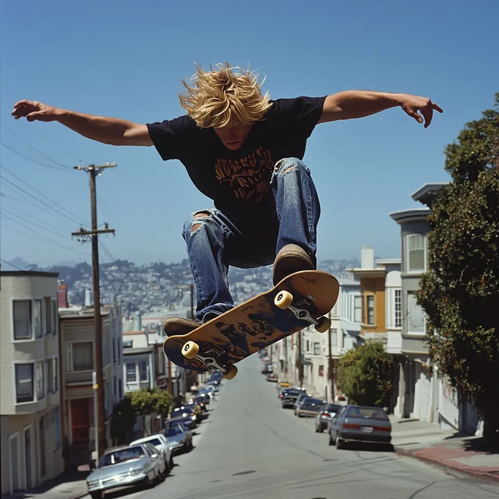 A blond skater, arms outstretched, performs an ollie over a residential street.  He wears a dark t-shirt, ripped jeans, and skate shoes. His skateboard is visible beneath him, mid-air.  The background shows a sunny, hilly street lined with colorful houses, and parked cars. The overall scene suggests a carefree, action-oriented lifestyle.