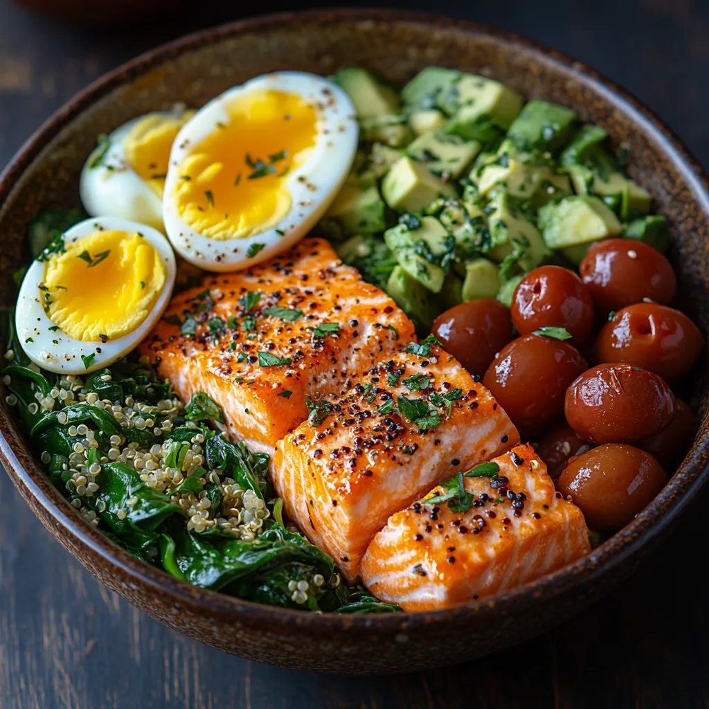 A vibrant and healthy bowl features pan-seared salmon, seasoned with herbs and spices.  It's complemented by halved hard-boiled eggs, quinoa, spinach, diced avocado, and marinated cherry tomatoes.  The ingredients are artfully arranged in a rustic brown bowl, showcasing a delicious and nutritious meal.