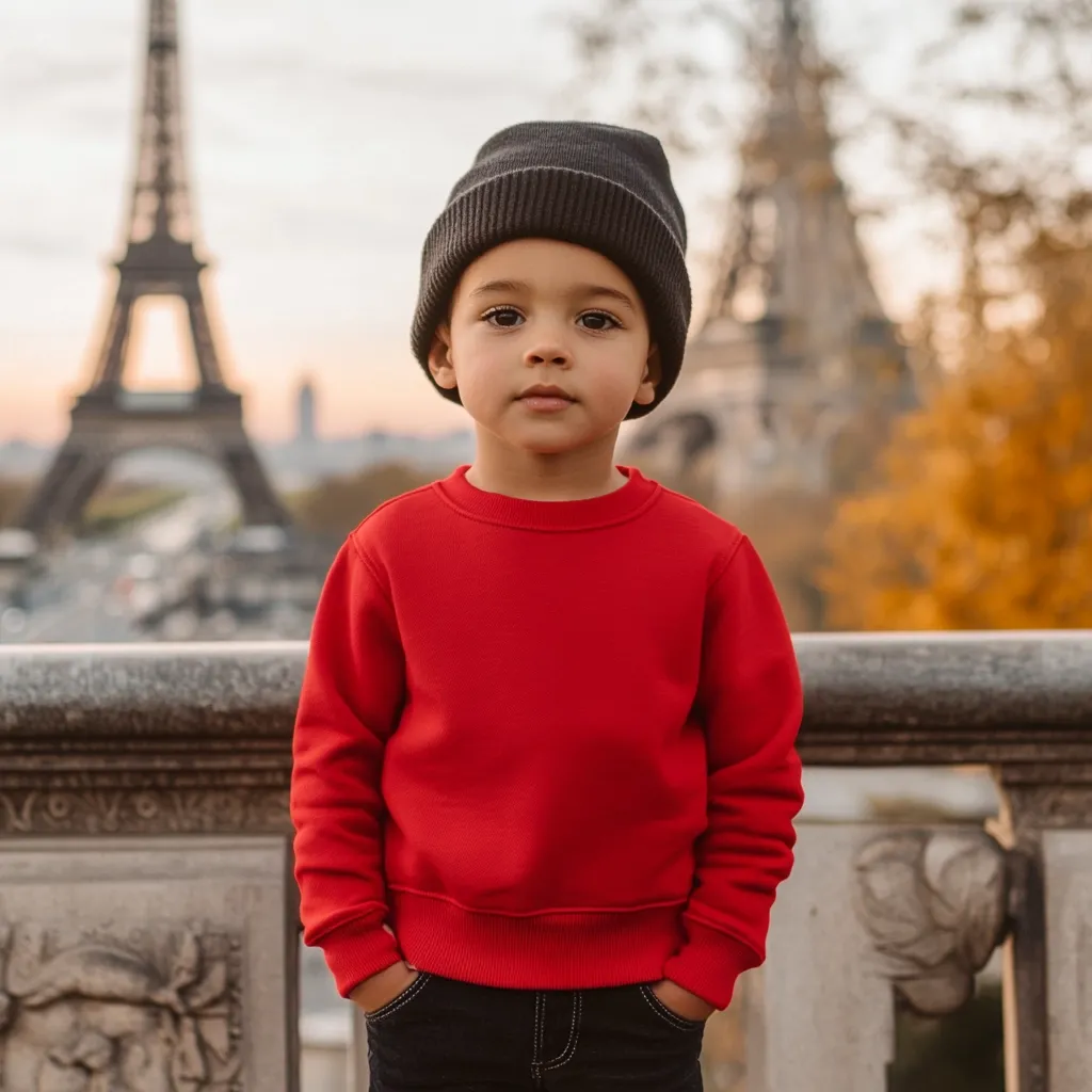 A young boy, wearing a red sweatshirt and a dark grey beanie, stands with his hands in his pockets.  He looks directly at the camera with a serious expression. The Eiffel Tower is softly blurred in the background, suggesting a Parisian setting. Autumnal colors are visible in the out-of-focus background.