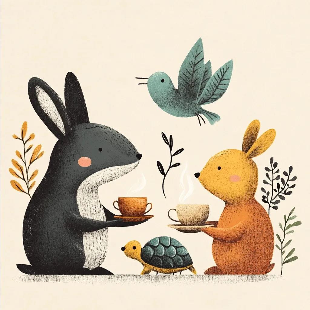 A charming illustration depicts two bunnies enjoying tea together, surrounded by nature.  A small turtle observes nearby, and a bird flies overhead. The bunnies, one dark gray and the other orange, hold teacups and saucers with delicate steam rising.  Simple, stylized plants frame the scene, creating a peaceful and whimsical atmosphere.