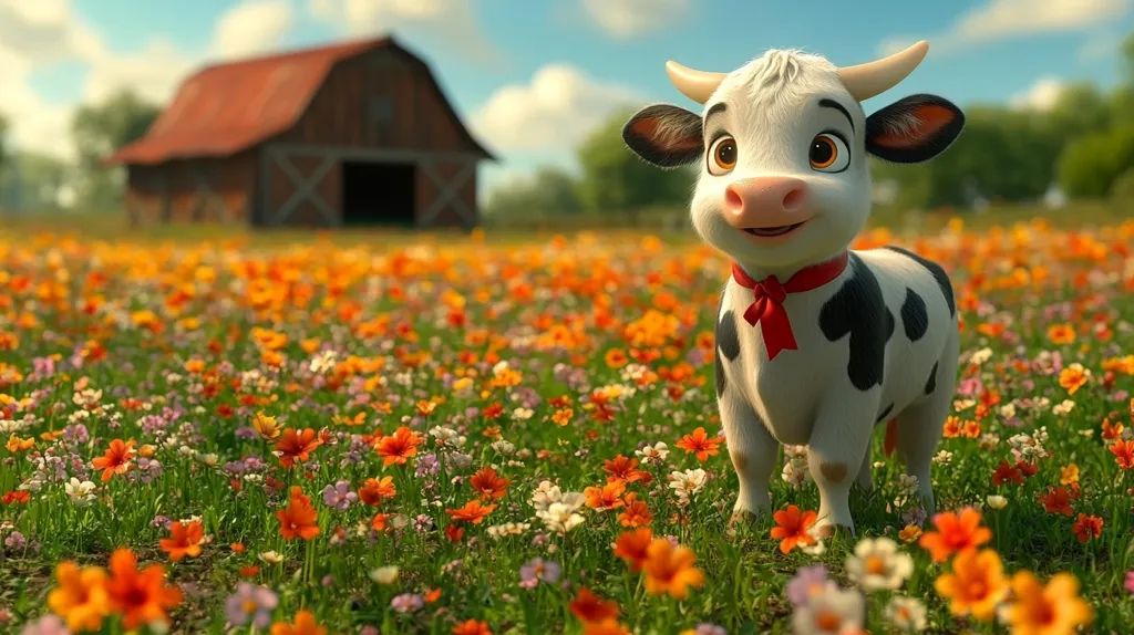 A charming cartoon calf, adorned with a red bow, stands in a vibrant field of wildflowers.  A rustic red barn sits in the background under a sunny sky. The calf's expressive eyes and cheerful demeanor create a heartwarming, idyllic farm scene.  The colorful flowers add to the overall cheerful and peaceful atmosphere.