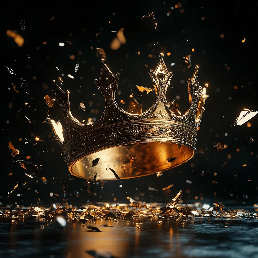 A golden crown, intricately detailed, shatters mid-air against a dark background.  Gold fragments rain down, reflecting light on a dark, reflective surface below. The image evokes themes of power, loss, and the fragility of authority.  The dramatic lighting enhances the sense of destruction and the opulent nature of the crown.