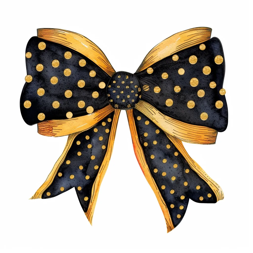 A watercolor illustration of a large bow.  The bow is predominantly black with gold polka dots, accented by golden-orange ribbon edges. The center knot is detailed with small gold dots.  The style is elegant and festive, suggesting luxury and sophistication. The image is isolated on a white background.