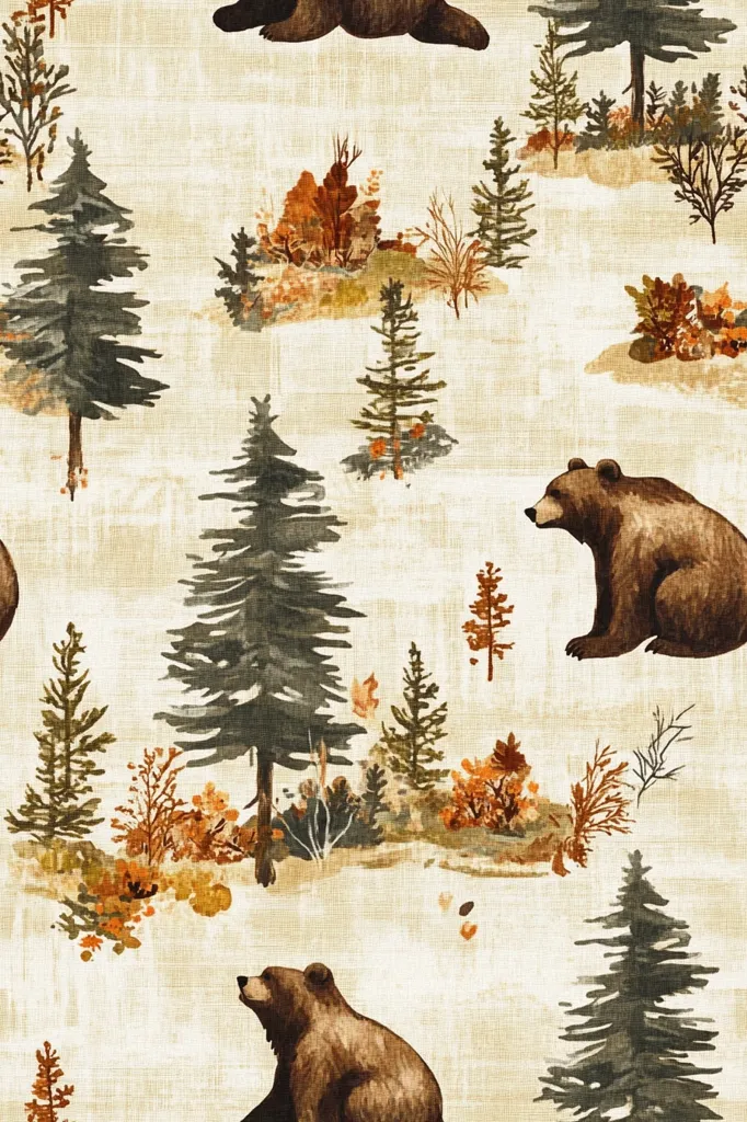 A beige fabric features a repeating pattern of brown bears and autumnal forest scenes.  Watercolor-style illustrations depict bears resting amidst evergreens, smaller pine trees, and shrubs in varying shades of orange, brown, and green. The overall impression is one of a peaceful, woodland setting.