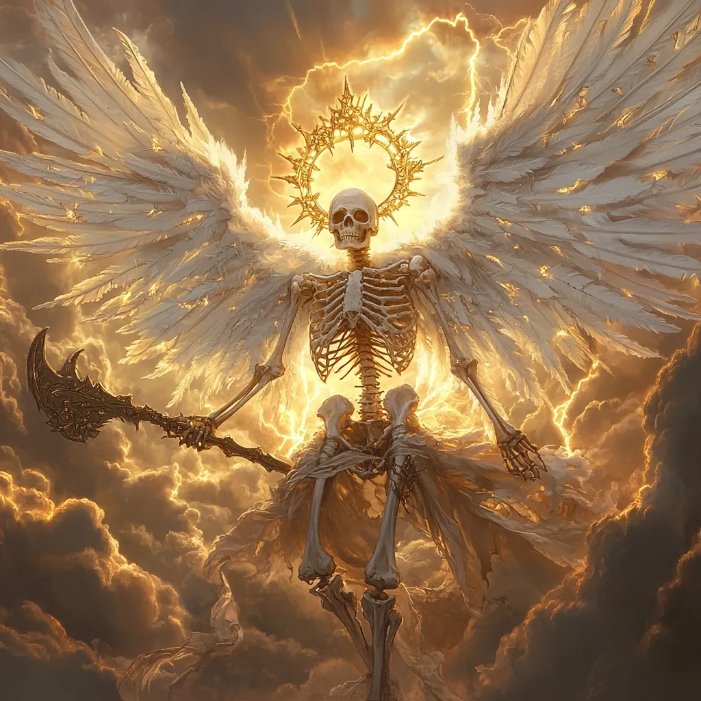 A skeletal figure, crowned with a golden halo, dominates the image.  Vast, luminous wings extend from its back, contrasting against a stormy, golden sky.  The skeleton wields a large, ornate scythe, its skeletal form radiating an eerie, powerful presence.  Lightning crackles around it, enhancing the dramatic and otherworldly atmosphere.  The overall effect is a powerful depiction of a celestial being of death or divine judgment.