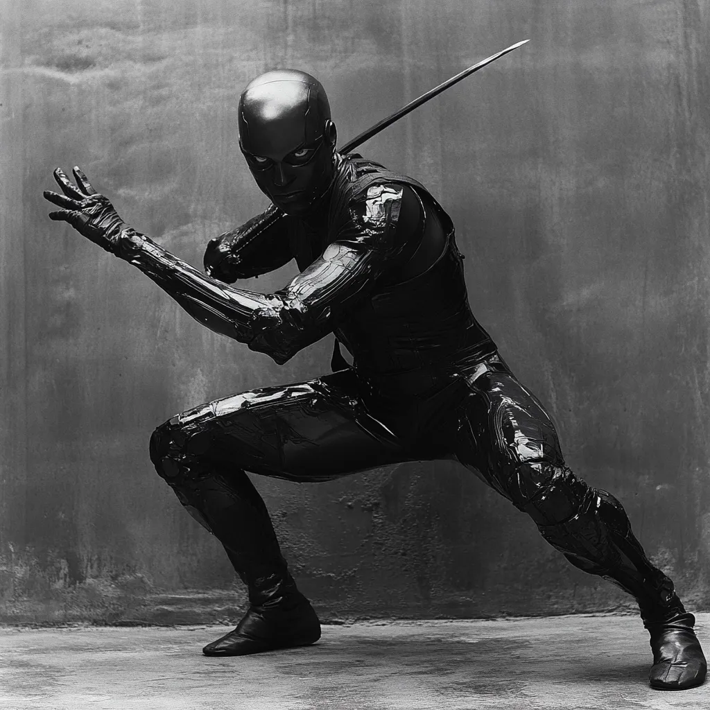A black and white image of a person in a futuristic, black, form-fitting suit, possibly a ninja or futuristic warrior. They are crouched low to the ground, holding a katana behind them, their face obscured by a helmet. The stark contrast and the figure's pose create a dramatic and powerful image. The background is a textured, gray wall.