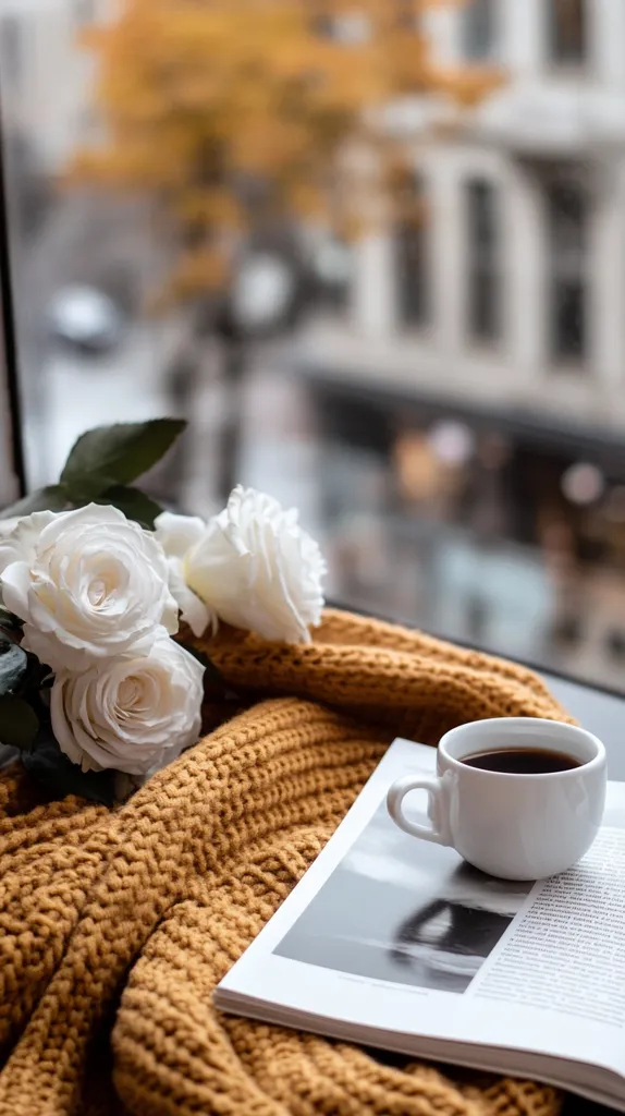 A cozy autumn scene unfolds on a window seat.  A mustard-yellow knitted throw is draped over a magazine, next to a cup of coffee.  A bouquet of white roses rests on the throw, adding a touch of elegance.  The blurred city view outside the window suggests a tranquil moment of relaxation and quiet contemplation.