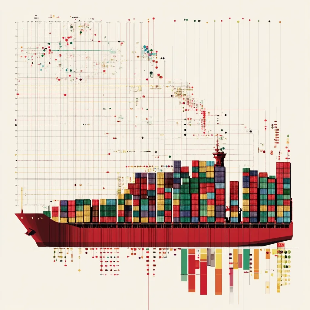 The illustration depicts a container ship laden with colorful cargo containers.  A complex network of lines and data points extends from the ship, visually representing the global supply chain and the intricate connections involved in international trade.  The graphic style is abstract and data-driven, suggesting the vast scale and complexity of modern logistics.  Color-coded elements likely represent different goods, origins, or destinations.