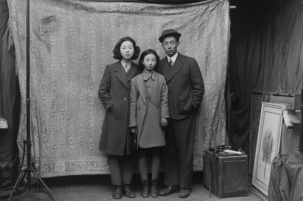 A black and white photo shows a family portrait taken in a makeshift studio. A man in a suit and hat stands between two women, one older and one younger, all wearing coats. The backdrop is an ornate patterned fabric.  The photo is slightly grainy, characteristic of early 20th-century photography. A camera case and a piece of artwork are visible on the right. The scene suggests a candid, informal studio setting.