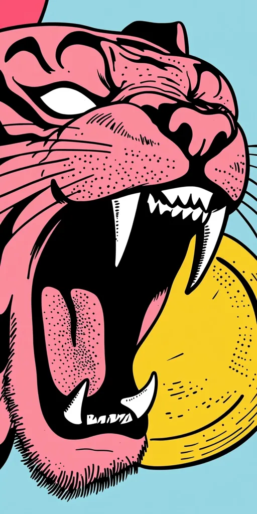 A close-up illustration of a pink tiger's snarling face dominates the image. Its mouth is wide open, revealing sharp, white teeth.  The style is bold and graphic, reminiscent of pop art, with strong black outlines and textured shading. A bright yellow circular form partially obscures the lower jaw, adding a vibrant contrast to the pastel pink of the tiger. The background is a light blue.