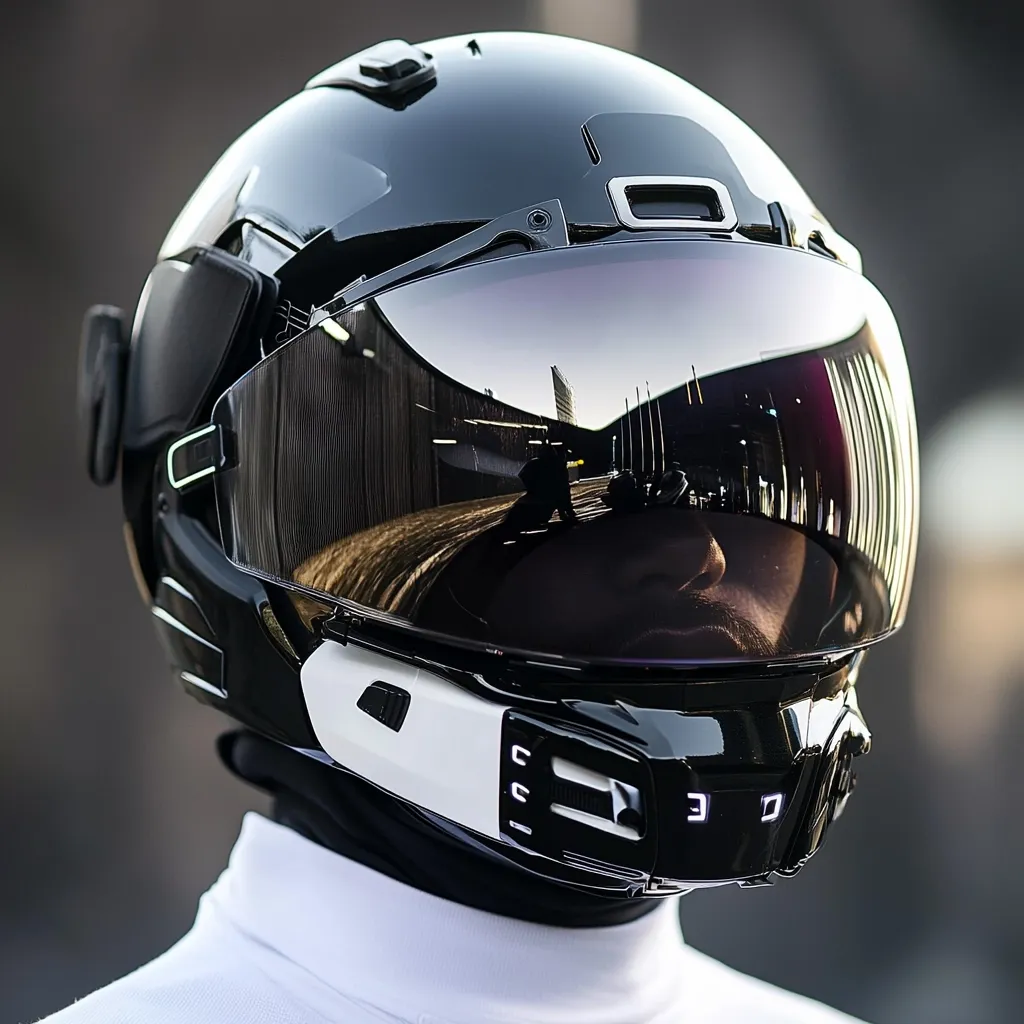 A close-up shot reveals a sleek, black motorcycle helmet with a mirrored visor reflecting a cityscape.  The helmet features a modern, minimalist design with integrated technology, including visible controls and potentially communication devices.  The rider's face is partially visible in the reflection, and they are wearing a white turtleneck. The overall aesthetic is futuristic and high-tech.