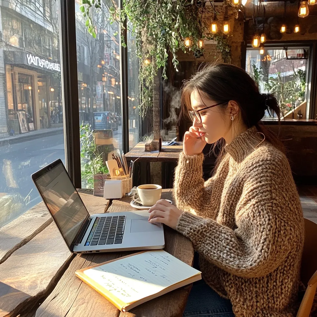 A young woman sits at a rustic wooden table in a cafe, working on a laptop.  Sunlight streams through large windows, illuminating her cozy, light brown knit sweater. A cup of coffee sits beside her laptop, and a notebook rests on the table, suggesting she's taking notes or brainstorming. The atmosphere is calm and inviting, creating a scene of peaceful productivity.