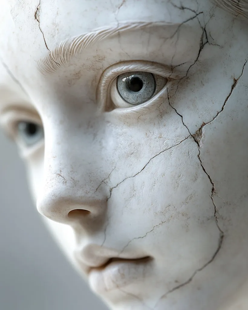 A close-up of a weathered, cracked marble sculpture depicting a young woman's face.  Her serene expression contrasts with the visible fissures across her skin, suggesting fragility and the passage of time.  The detail of her eye, a striking shade of blue-grey, adds a layer of emotional depth. The overall effect is one of poignant beauty and subtle melancholy.