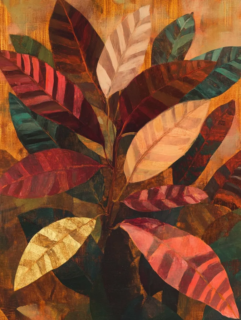 A stylized painting depicts a cluster of leaves in rich autumnal hues.  The leaves, rendered with visible brushstrokes, exhibit a variety of warm colors, including deep reds, burnt oranges, and golds, interspersed with cooler greens and grays.  The background is a textured, earthy tone, contributing to the overall warmth and depth of the piece.  The leaves are arranged in an overlapping manner, suggesting depth and density.  The style is expressive and painterly.