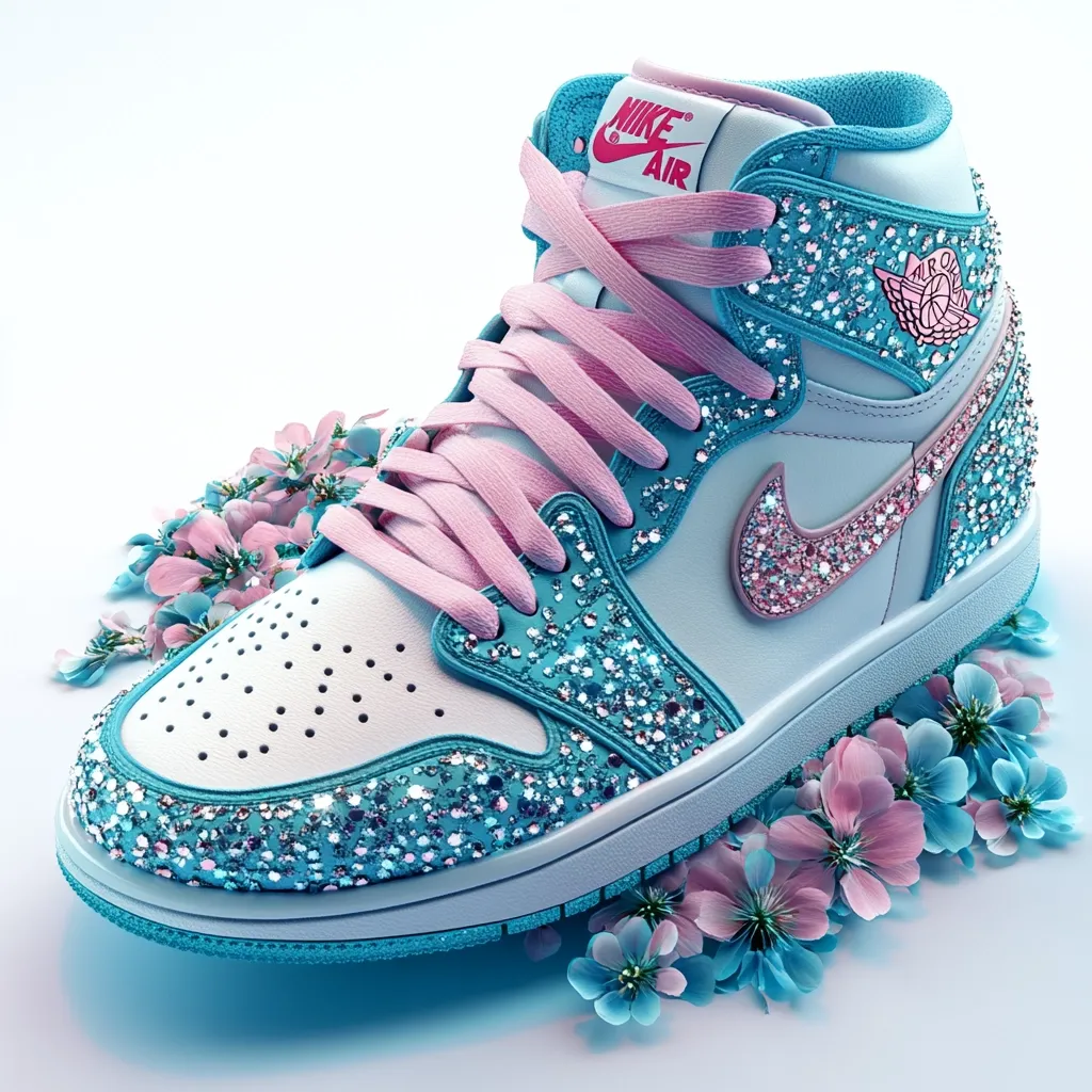 A single Air Jordan 1 sneaker, adorned with light blue and pink glitter, rests on a bed of delicate pink flowers.  The shoe features pink laces and a white leather base, creating a glamorous and feminine look. The Nike Air logo is clearly visible, and the overall aesthetic is one of luxury and sparkle.
