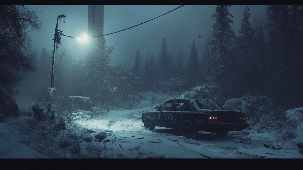 A dark sedan sits parked on a snow-covered road, illuminated by a single streetlight in a snowy, desolate forest.  The scene is moody and atmospheric, with falling snow and a cold, bluish light casting long shadows.  The surrounding area appears abandoned, with dilapidated structures barely visible in the distance.  The overall feeling is one of isolation and quiet despair.