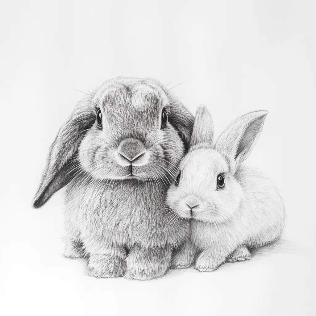 A detailed pencil sketch showcases two adorable rabbits nestled together.  The larger rabbit, a lop-eared variety, is positioned slightly behind a smaller, white rabbit. Both rabbits are rendered with meticulous attention to detail, capturing the texture of their fur and the expressiveness of their eyes.  The overall effect is a charming and realistic portrayal of these gentle creatures.
