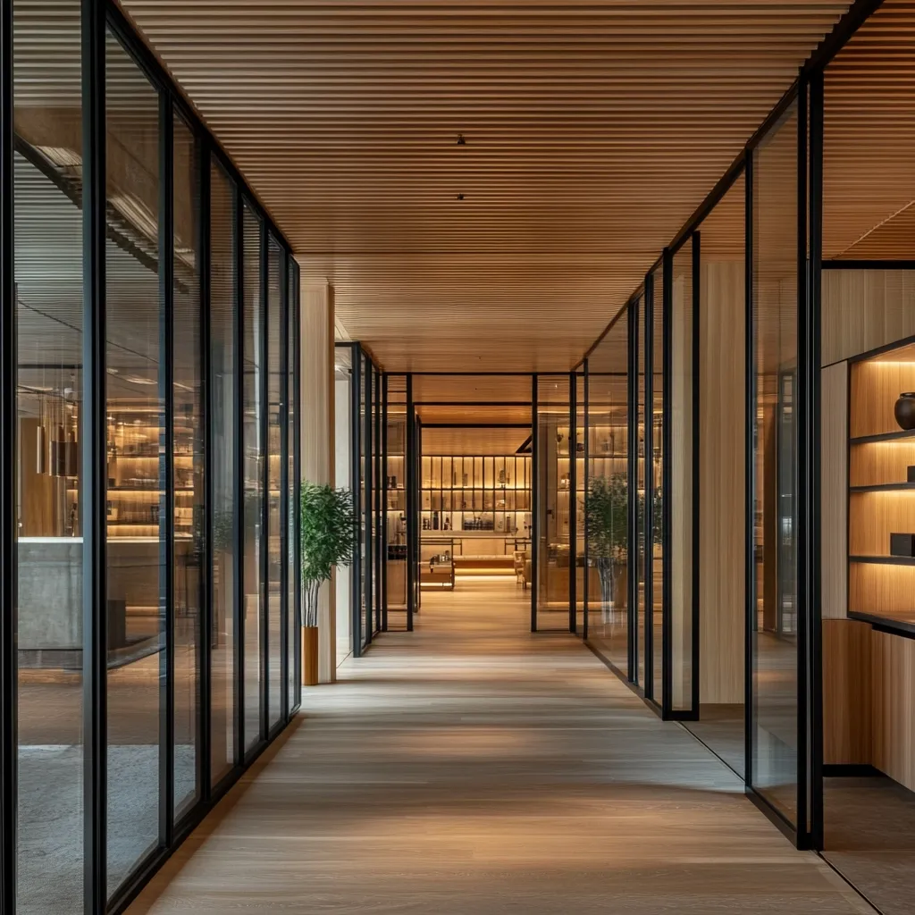 A long hallway with a wooden ceiling and light wood floors is lined with glass-paneled walls, creating a modern and minimalist atmosphere.  Black frames accent the glass partitions, separating the hallway from adjacent rooms with warm, subtly lit shelving units. A small potted plant adds a touch of nature to the serene space. The overall design is sleek and sophisticated, evoking a sense of calm and tranquility.