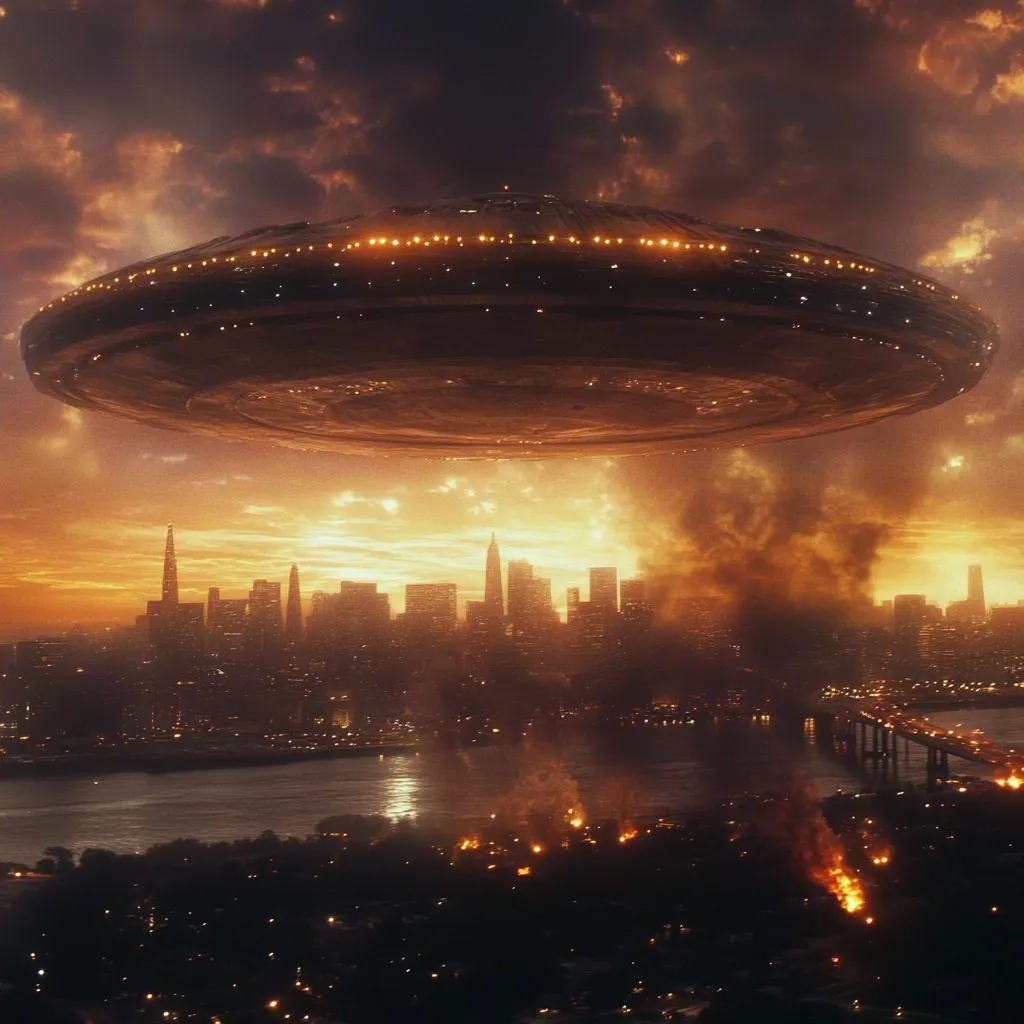 A massive, dark-colored UFO hovers ominously over a city skyline at sunset.  Flames and smoke rise from various points across the cityscape, suggesting an attack or invasion.  The scene is dramatic, filled with fiery oranges and dark silhouettes, creating a sense of impending doom and destruction. The city, possibly San Francisco, is partially obscured by smoke and fire.