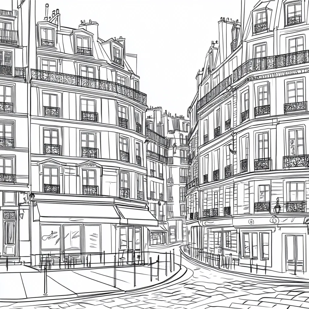 A black and white sketch depicts a Parisian street scene.  Tall, narrow buildings with multiple stories line a curving cobblestone road.  Balconies and ornate window details are visible on the buildings, suggesting a classic Parisian architectural style. A small shop with an awning sits at the corner of the street. The drawing style is detailed yet loose, capturing the atmosphere of a quiet Parisian street.