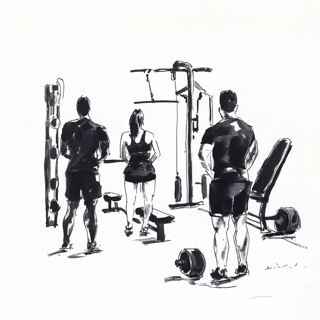 A black and white ink sketch depicts three individuals in a gym. Two men and a woman stand near weight machines, their backs to the viewer.  The style is expressive and loose, focusing on capturing the atmosphere and movement rather than precise detail. The gym equipment is simply rendered, emphasizing the figures as the focal point.  A dumbbell lies on the floor, adding to the overall gym setting.