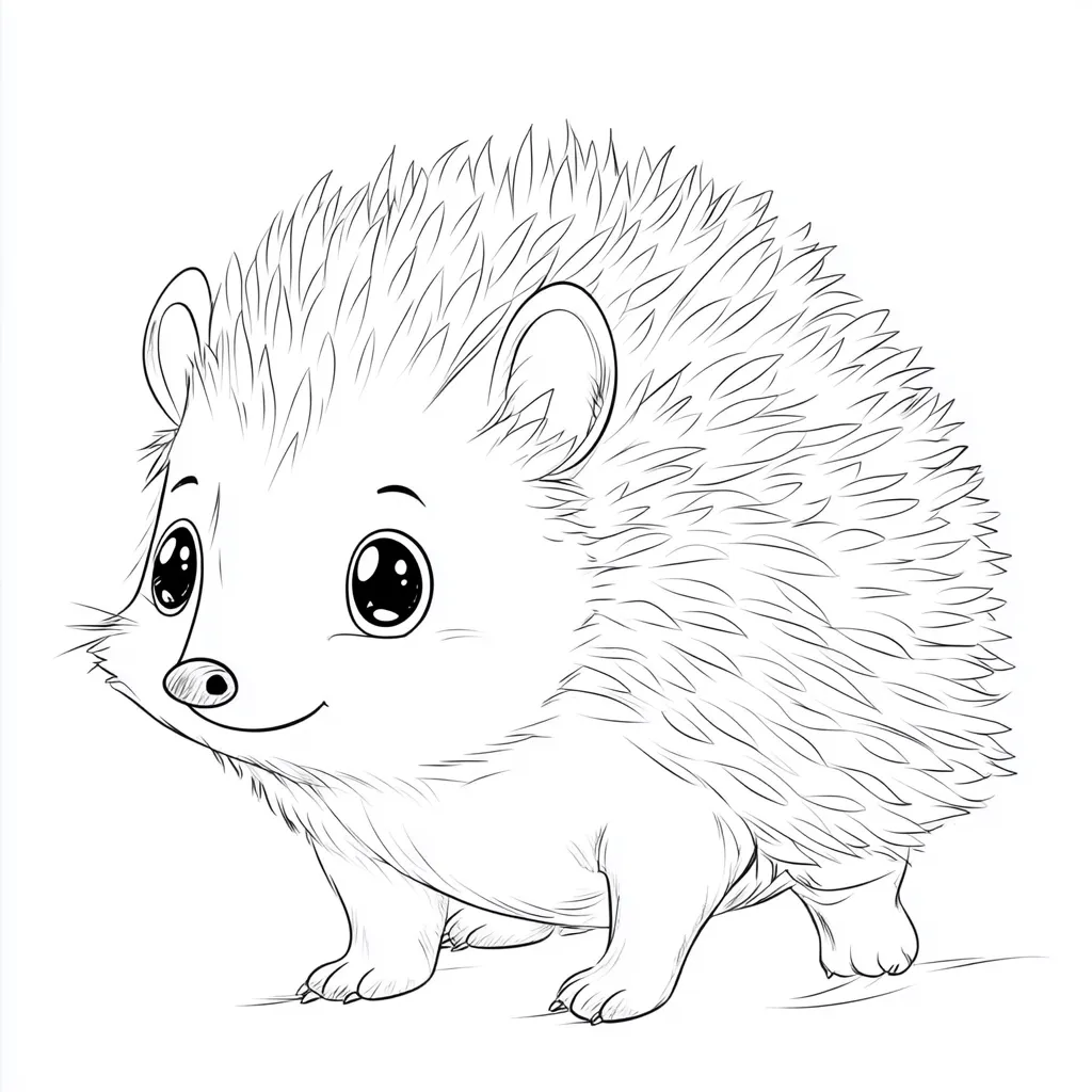 A line drawing of a cute hedgehog.  The hedgehog is depicted in a cartoonish style with large, expressive eyes and a small, happy smile. Its quills are meticulously detailed, creating a textured appearance. The hedgehog's posture suggests a playful and friendly demeanor, making it a charming subject for coloring. The drawing is simple yet detailed, suitable for children or adults.