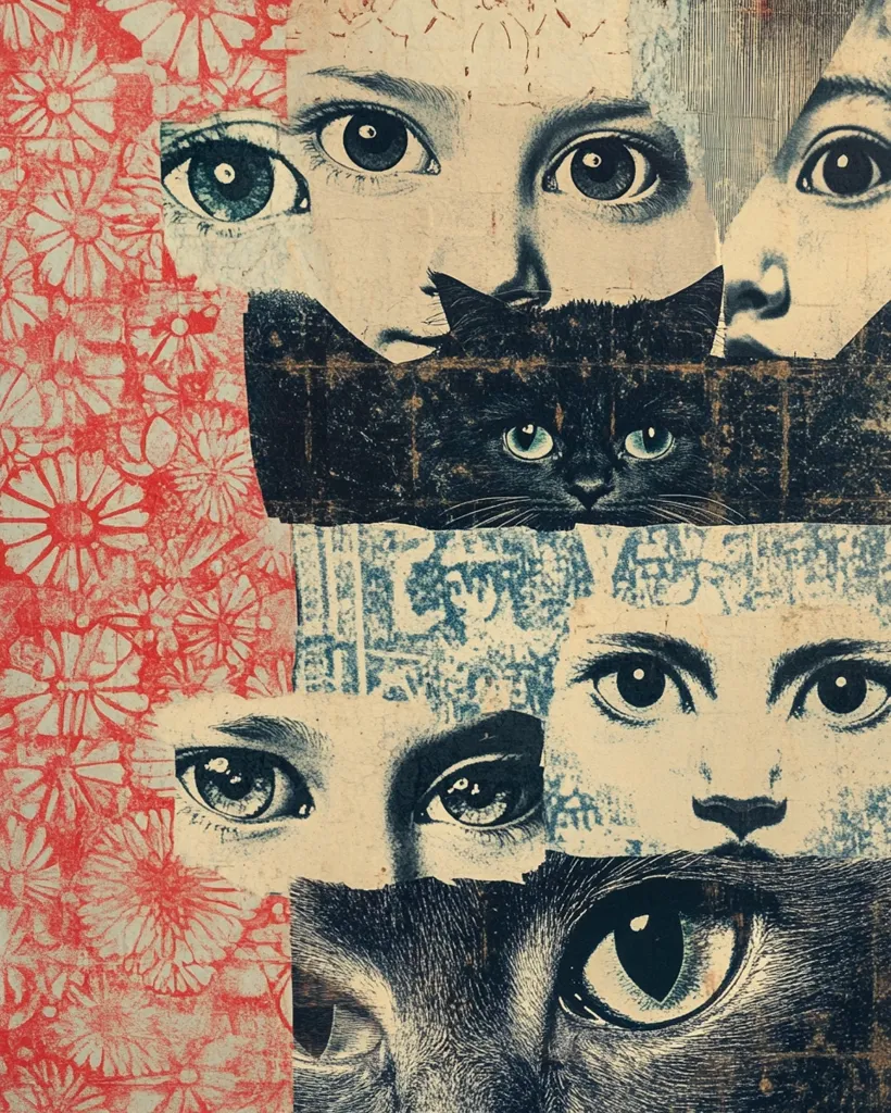 A collage featuring fragmented faces of children with large, expressive eyes, interspersed with the watchful gazes of cats.  The artwork employs a distressed, vintage aesthetic, layered with textured paper and a red floral pattern. The overall mood is mysterious and slightly unsettling, with the juxtaposition of human and feline creating a surreal effect. The fragmented nature of the faces hints at a deeper narrative.
