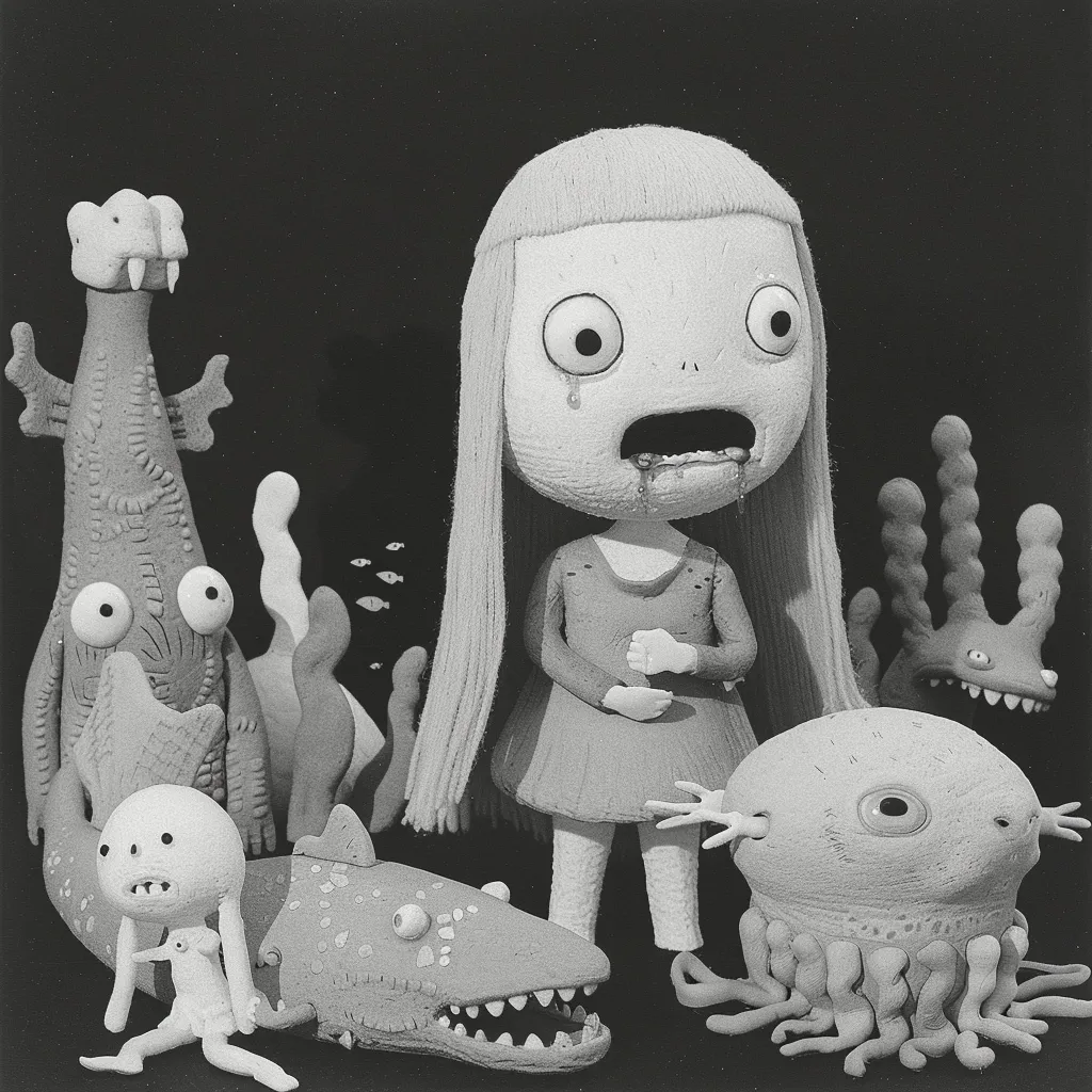 A black and white image showcases a collection of whimsical, clay-like creatures.  A central figure, a girl with long hair and a distressed expression, stands amidst a variety of fantastical sea-like beings.  These include a dragon-like creature, several smaller, grotesque figures, and a shark-like form. The overall mood is eerie and slightly unsettling, suggestive of a stop-motion animation still.