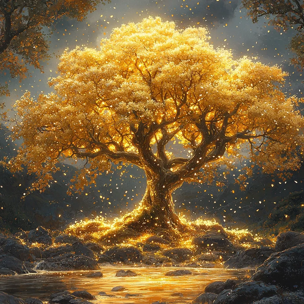 A majestic, golden tree radiates light, its branches laden with luminous leaves.  Golden particles drift down like falling stars, illuminating the dark, rocky shore of a calm, reflective pool of water. The scene evokes a mystical, ethereal atmosphere, suggesting magic and wonder. The tree's base glows intensely, creating a breathtaking spectacle.