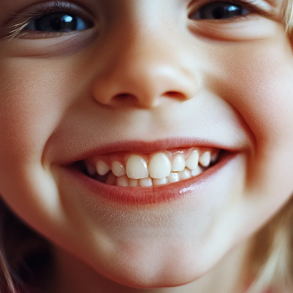Close-up view of a young child's smiling face.  The focus is on their bright, healthy teeth and rosy lips, showcasing a genuine and joyful expression.  Soft, fair skin and light-colored hair are visible at the edges of the frame. The image is warm and intimate, capturing the innocence and happiness of childhood.