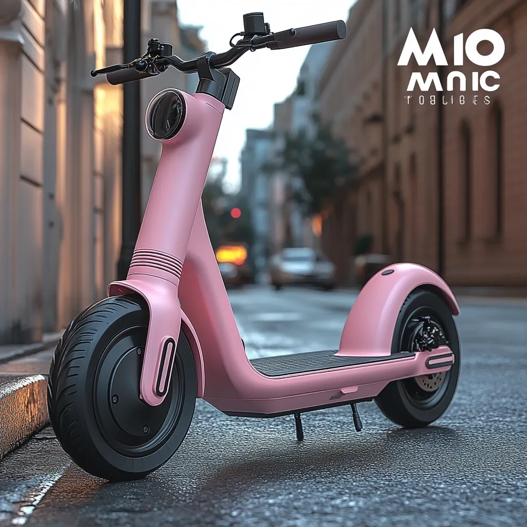 A sleek, pale pink electric scooter stands on a city street.  Its modern design features large, black wheels and a minimalist body. The scooter is positioned slightly angled, showcasing its clean lines and integrated technology.  The background is blurred, focusing attention on the vehicle's stylish aesthetics.  The "MIO Mnic" logo is subtly present, suggesting the brand.