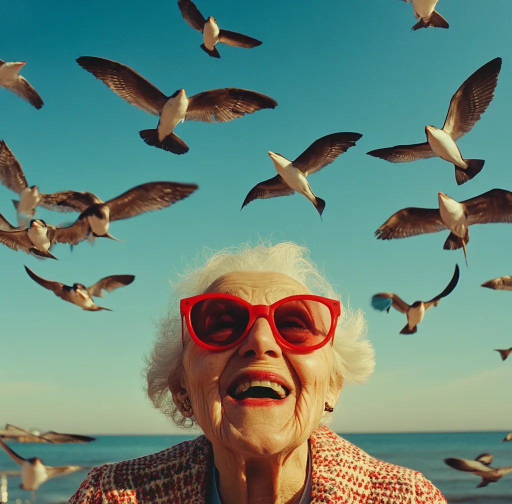 A joyful elderly woman, wearing vibrant red sunglasses, smiles radiantly against a bright blue sky.  Numerous birds fly in dynamic patterns around her head, creating a lively and cheerful scene. The ocean is visible in the background, suggesting a coastal setting.  The overall image is vibrant, full of life and positive energy.