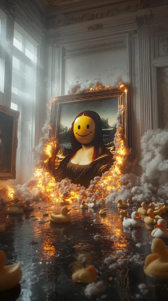 A surreal scene unfolds in an opulent, antique room.  A painting of the Mona Lisa, her face replaced with a smiling emoticon, is engulfed in flames.  The fire spills onto the floor, where numerous rubber ducks float in dark, reflective water.  Smoke and debris fill the room, creating a chaotic yet strangely beautiful juxtaposition of classic art and modern pop culture elements. The overall mood is one of intriguing, unsettling contrast.