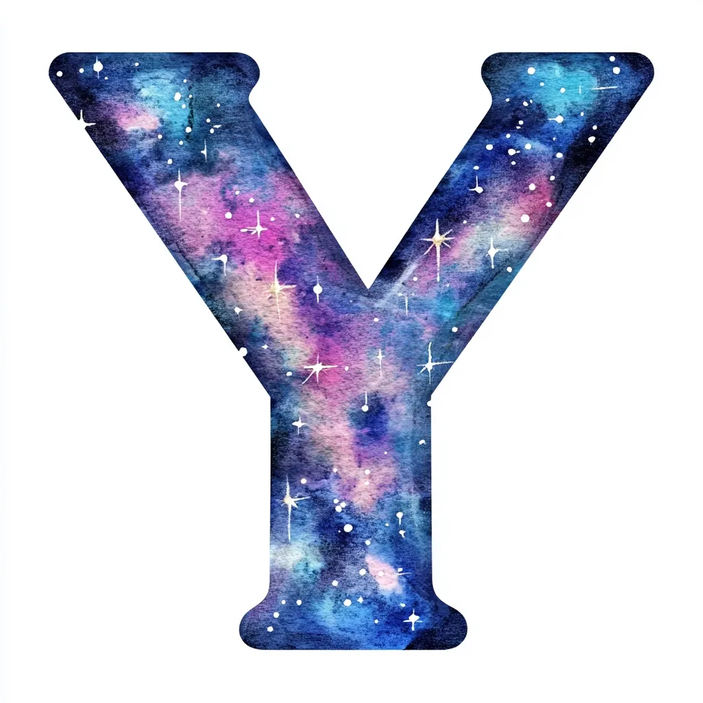 The letter Y is depicted in a watercolor style, resembling a galaxy.  Blues, purples, and pinks blend to create a nebula effect, speckled with white stars. The letter's form is clearly defined against a white background, making it a visually striking representation of the letter Y. The cosmic theme adds a whimsical and imaginative touch.