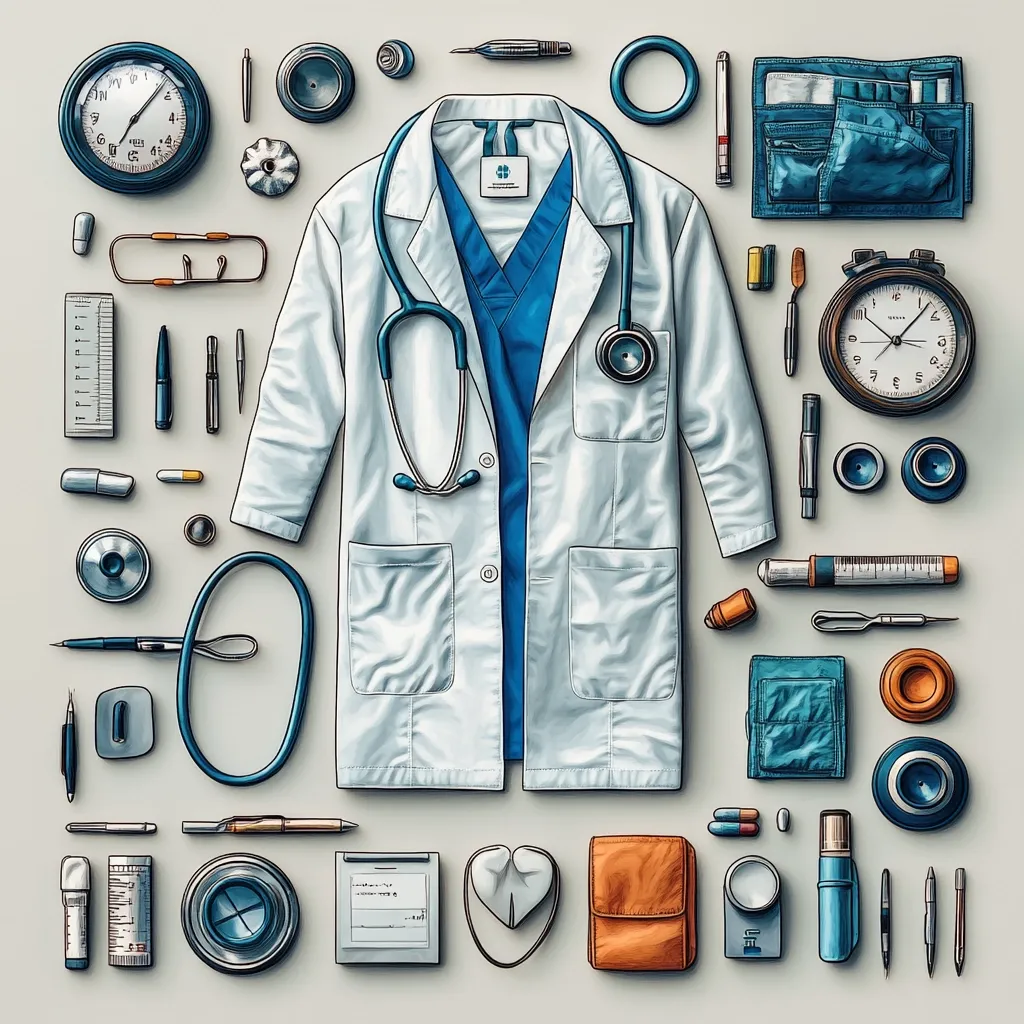 A doctor's lab coat is centrally positioned, surrounded by an array of medical instruments and supplies.  Items include a stethoscope, clock, pens, surgical tools, pills, a blood pressure cuff, and various other medical equipment, meticulously arranged on a light gray background. The image is a stylized illustration, possibly for a medical practice or advertisement.