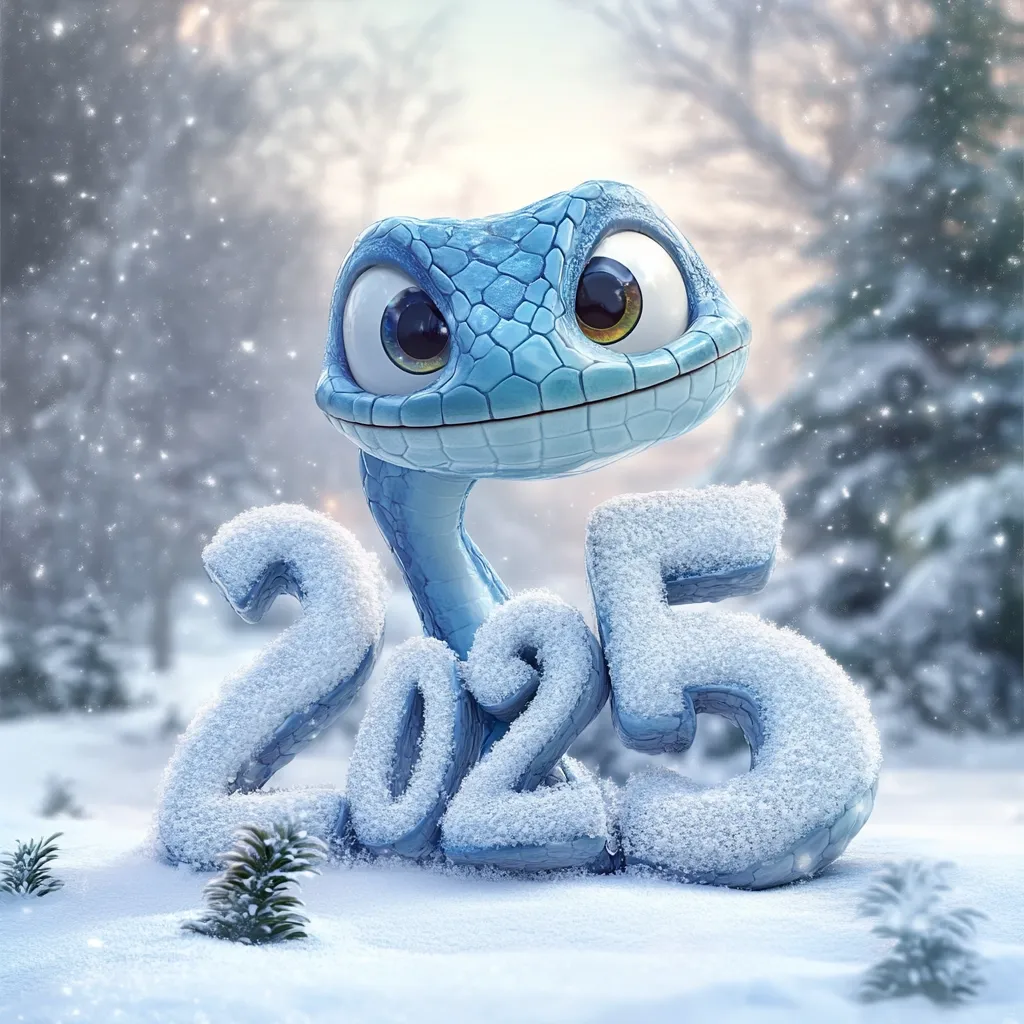 A cute, cartoonish blue snake peeks out from behind large, snow-covered numbers forming "2025." The scene is set in a snowy winter forest, with falling snow adding to the festive atmosphere. The image is digitally rendered, with a focus on the charming character and the celebratory message of the new year.  The overall style is whimsical and cheerful.